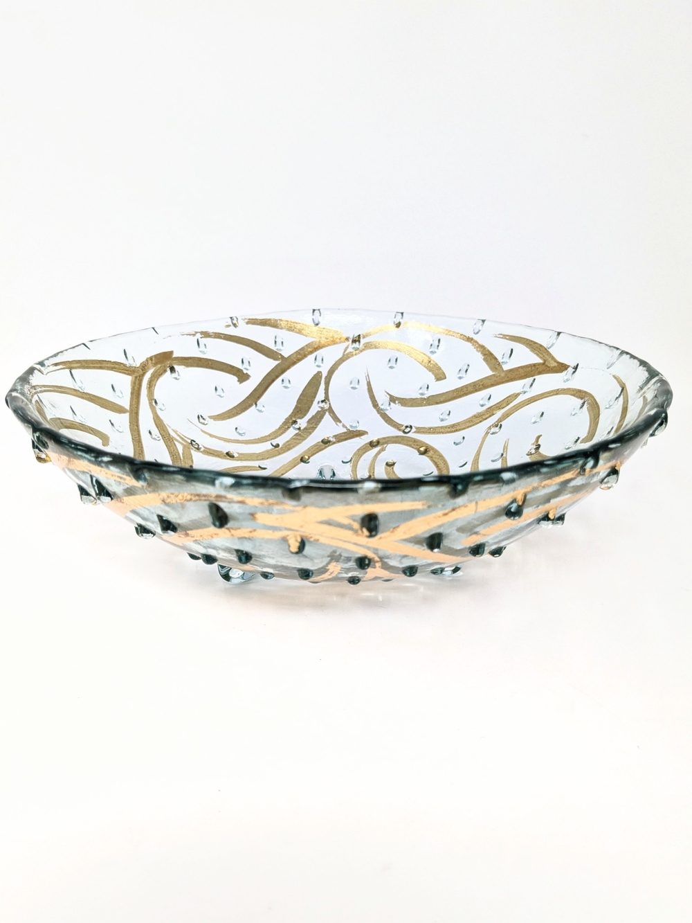 Tamara Childs Decorative Hobnail Clear Glass Bowl with Gold Swirl Accent